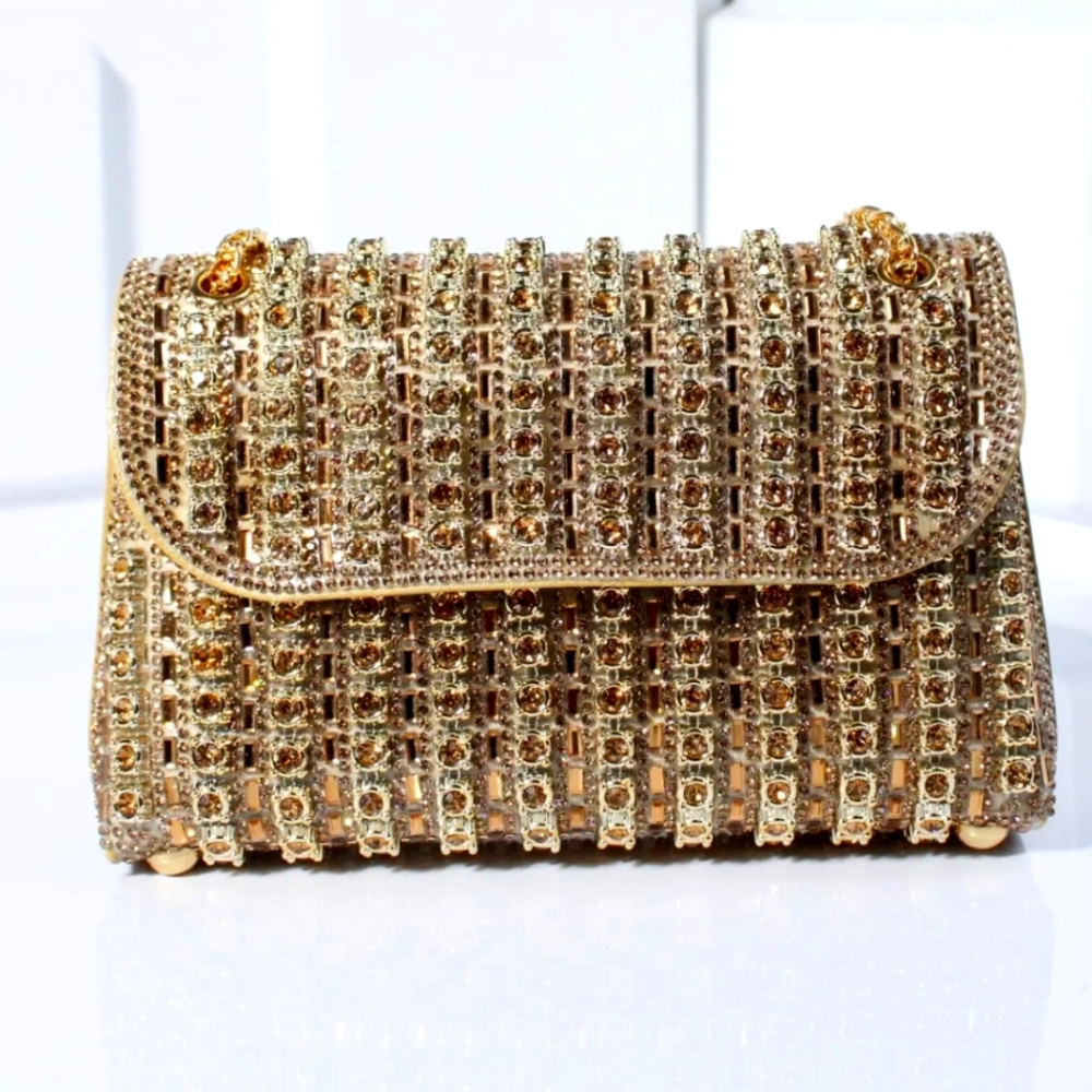 Gold Textured Clutch with Flap Closure and Woven Design